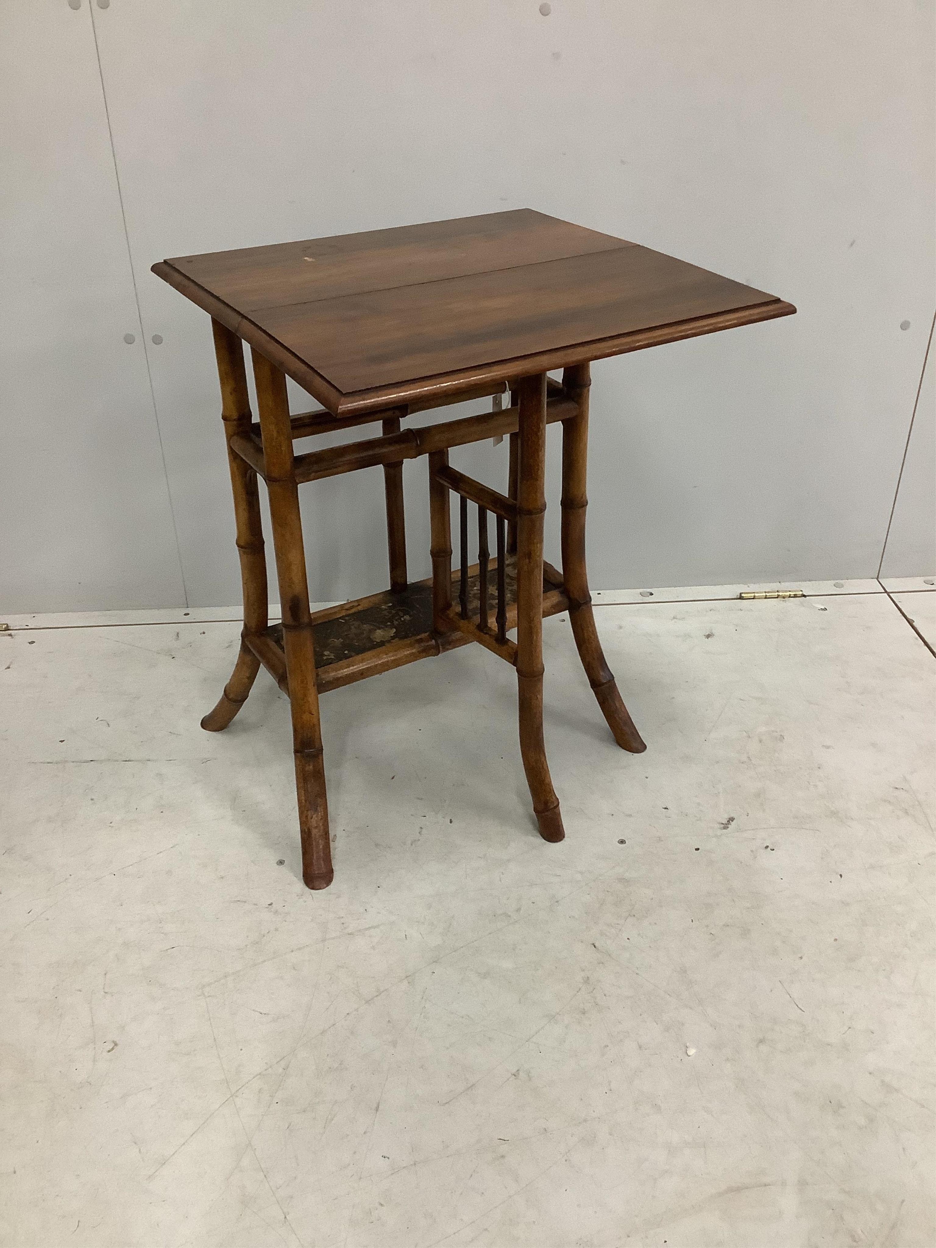 A late Victorian bamboo and mahogany single drop flap occasional table with lacquer undertier, width 51cm, depth 40cm, height 68cm. Condition - good